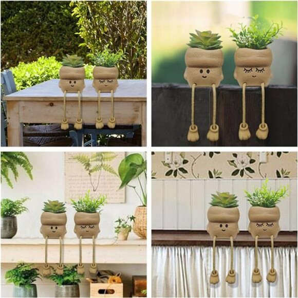 Set of 2 Smiley Face Succulent Planters with Artificial Plants Small Home Office - Picture 6 of 7